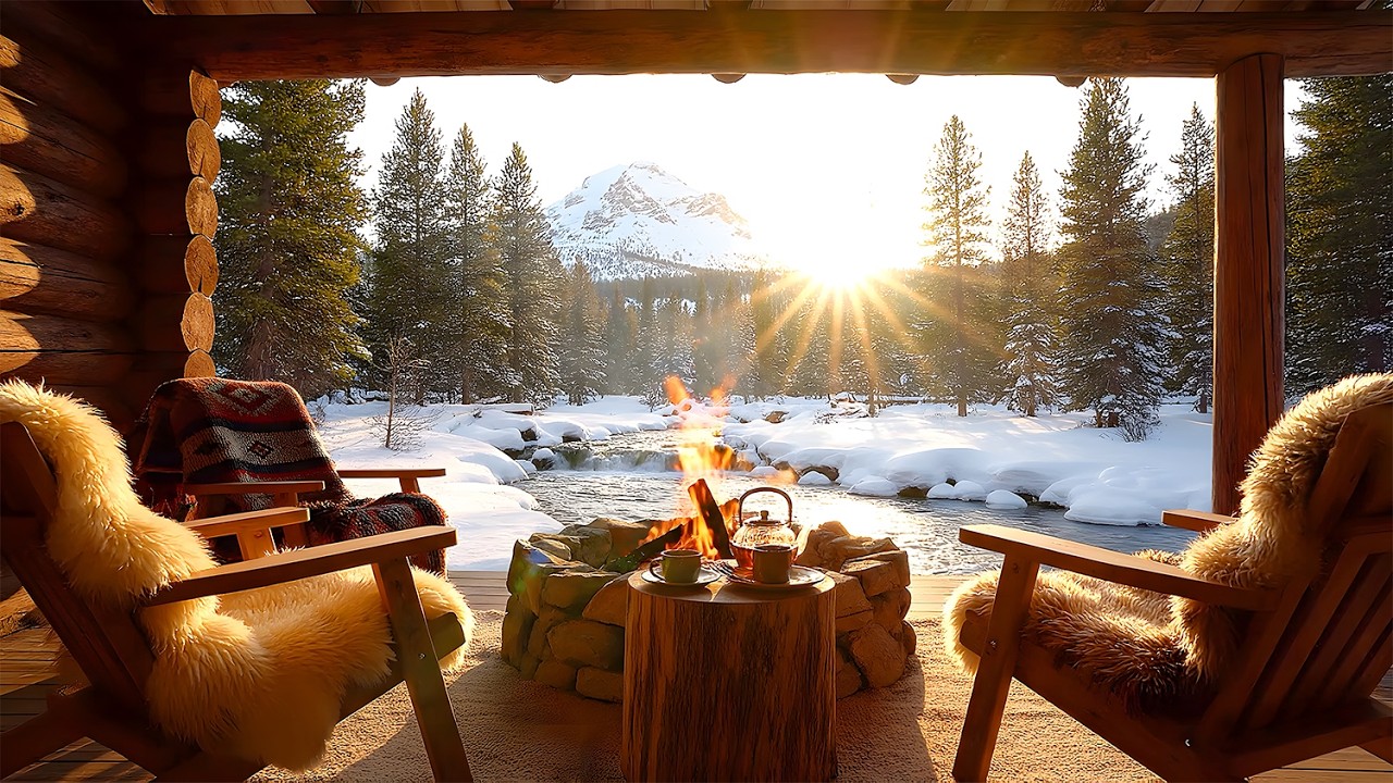 Cozy Winter Log Cabin Porch: Crackling Fire & Snowing Mountain View (Ambient ASMR)