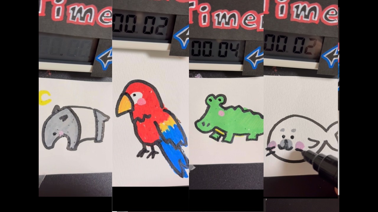 ✍️ 1 Minute Animal Drawing Challenge ASMR Compilation （Tapir,Baby seal,Parrot,Crocodile）
