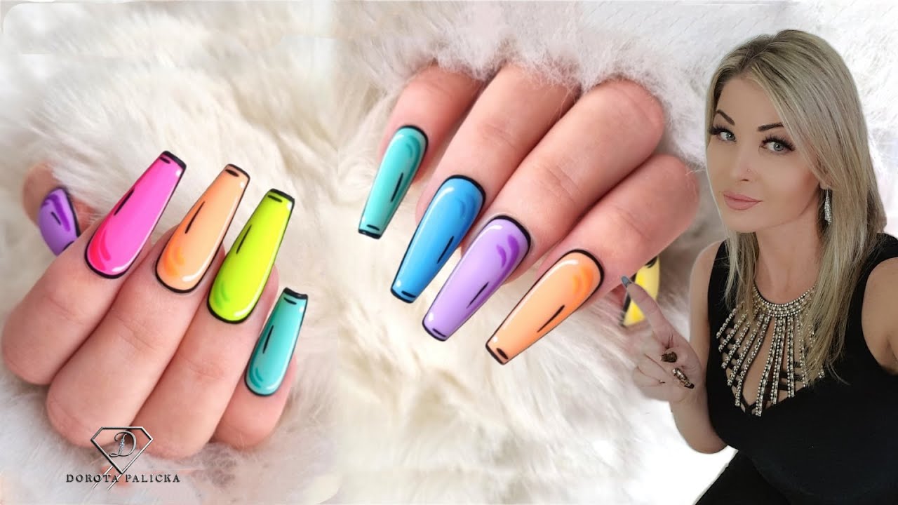 Pop Art Nail Art. Cartoon style nails. Pop art nails trend. Comic book nails