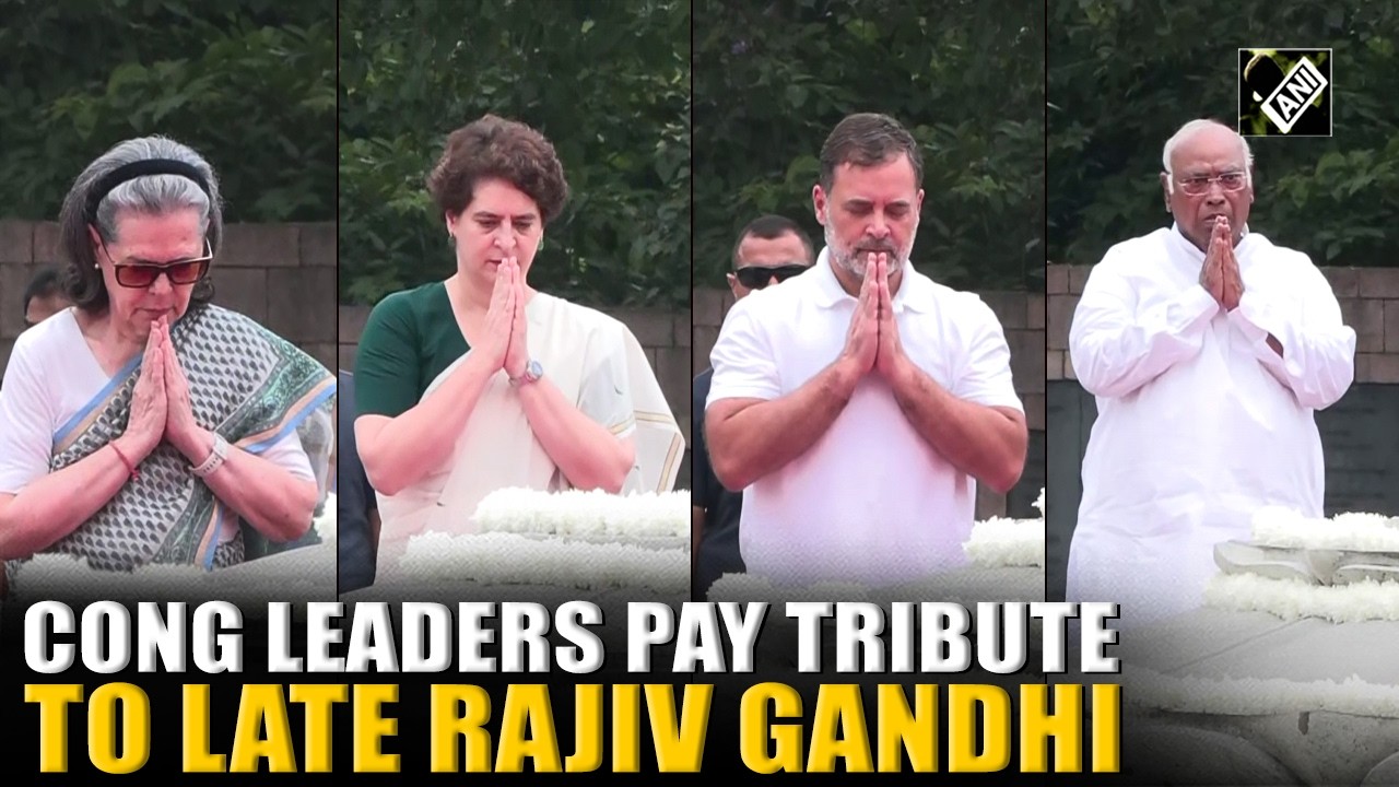 Congress leaders pay tribute to former Indian Prime Minister Rajiv Gandhi at Veer Bhumi