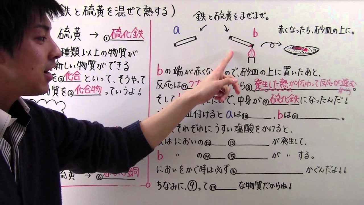 【中２　理科】　　中２－６　　鉄と硫黄を混ぜて熱する