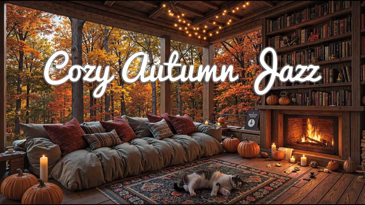 Autumn Cabin Jazz with Sleeping Cat 🐾 Cozy Fireplace Music to Study & Sleep | Cat Relaxing Jazz