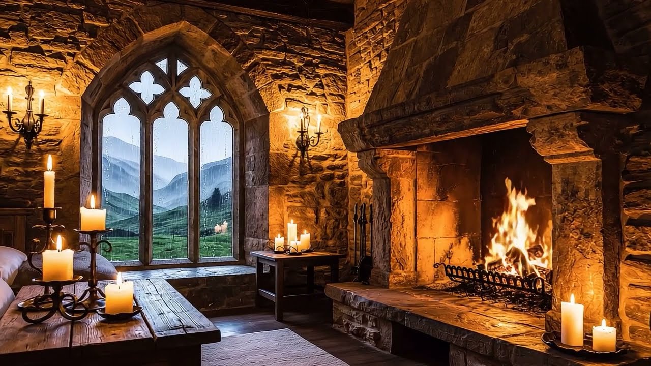 Sleep Flute + Rainy Castle Hearth — Soft Flute, Brown Noise & Fireplace for Deep Sleep