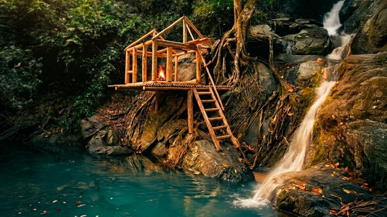 Living Alone in the Wild &ndash; Building a Shelter Next to a Natural Waterfall | Primitive Villa