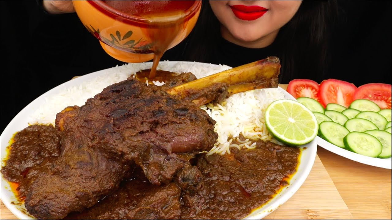 EATING SPICY MUTTON LEG CURRY WITH RICE , SALAD | MESSY EATING | EATING SOUNDS | FOOD EATING VIDEOS