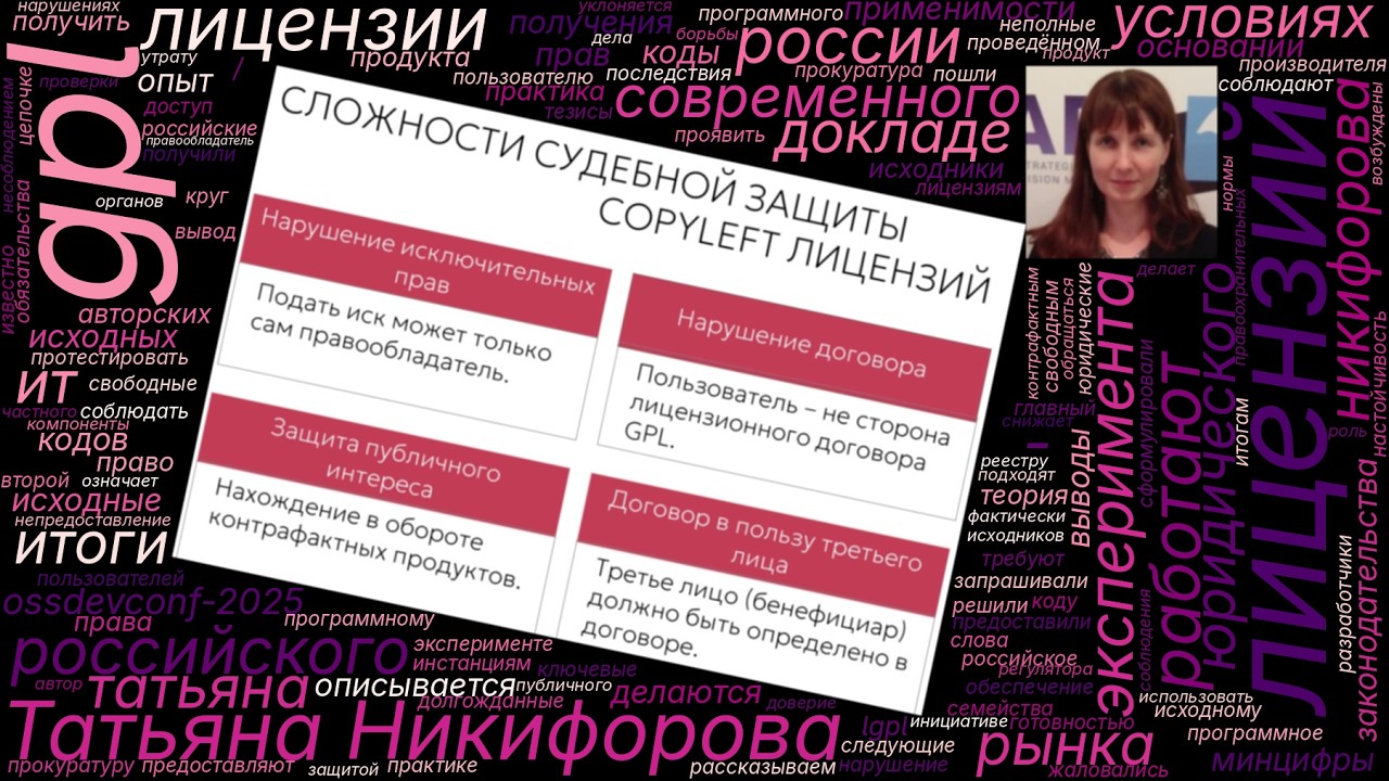 Работают ли лицензии GPL в России? Итоги юридического эксперимента (Татьяна Никифорова, OSSDEVCONF-…