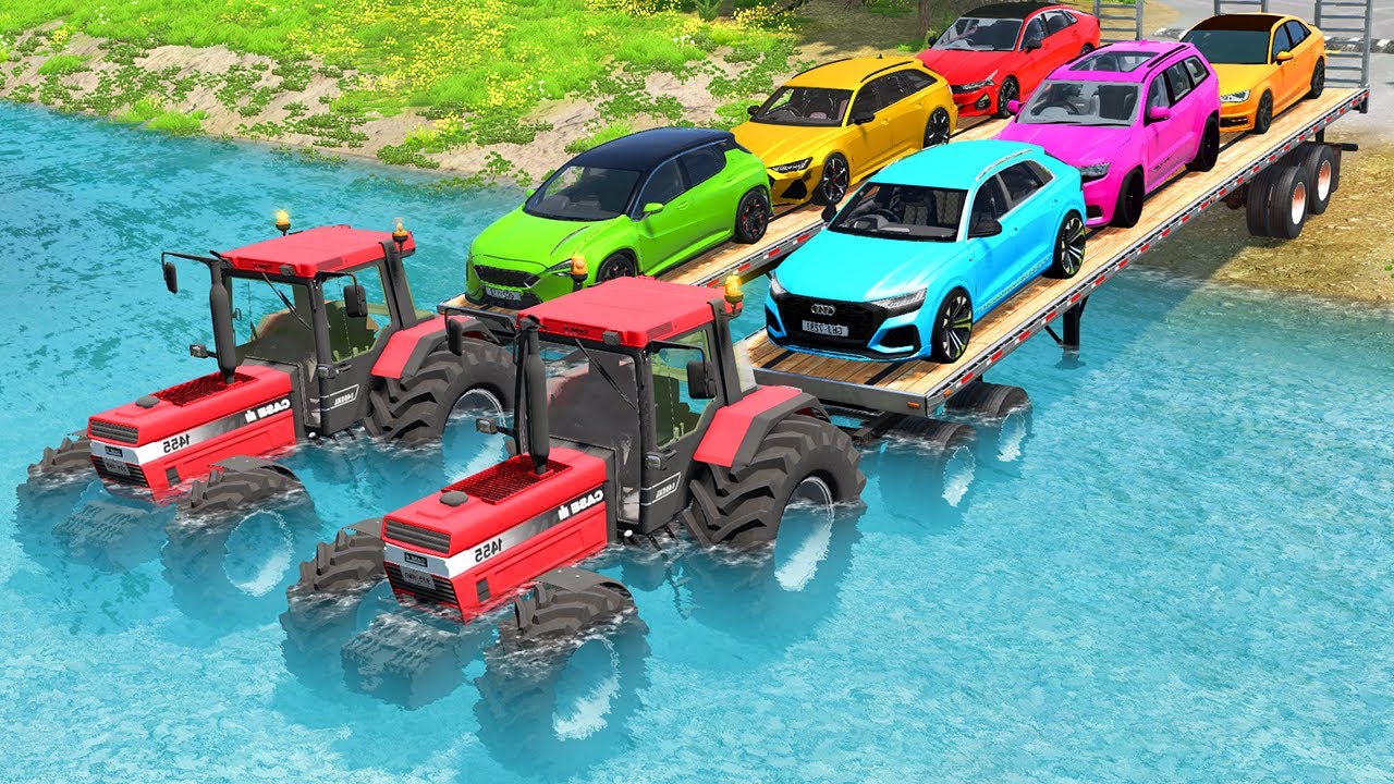 Two Flatbed Trailers Tractor Speed Bump Car Rescue - Cars vs Deep Water - BeamNG.drive