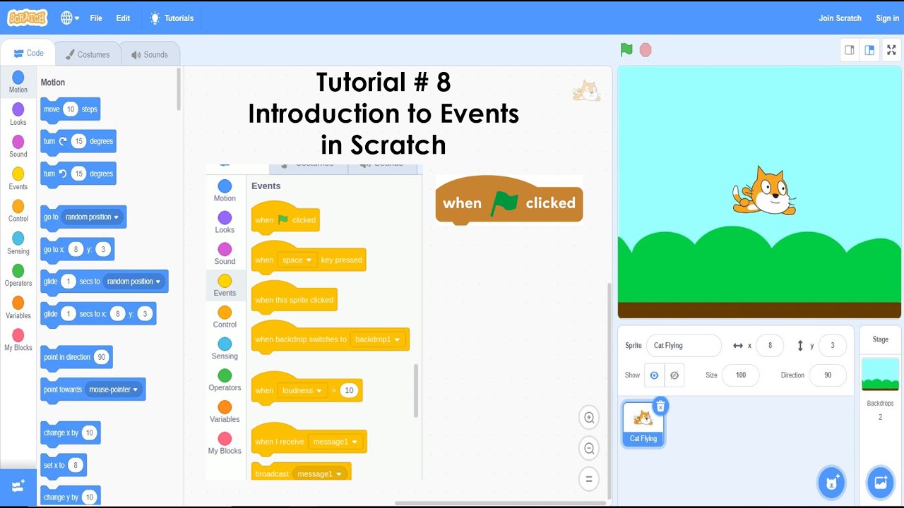 Introduction to events in scratch | Tutorial # 8