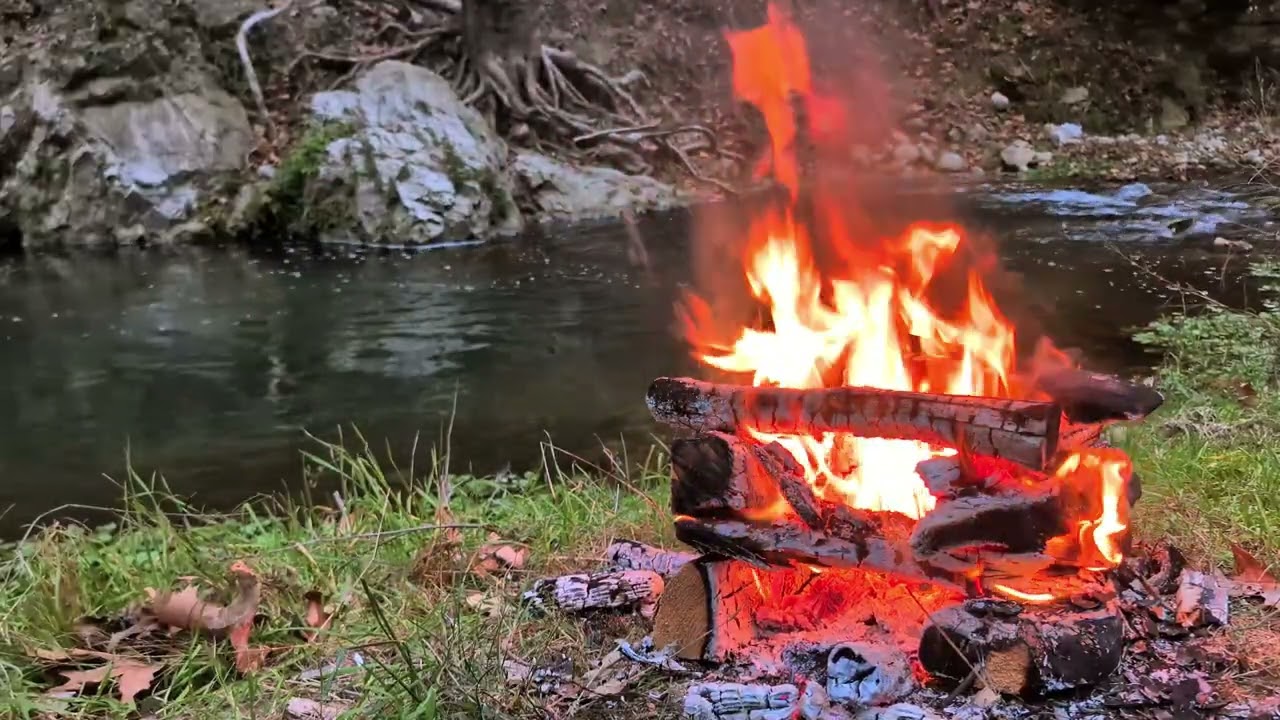 Issız ve soğuk dere kenarında kamp ateşi- Campfire by the cold stream🌲100%Authentic Sounds🍃4K Turkey