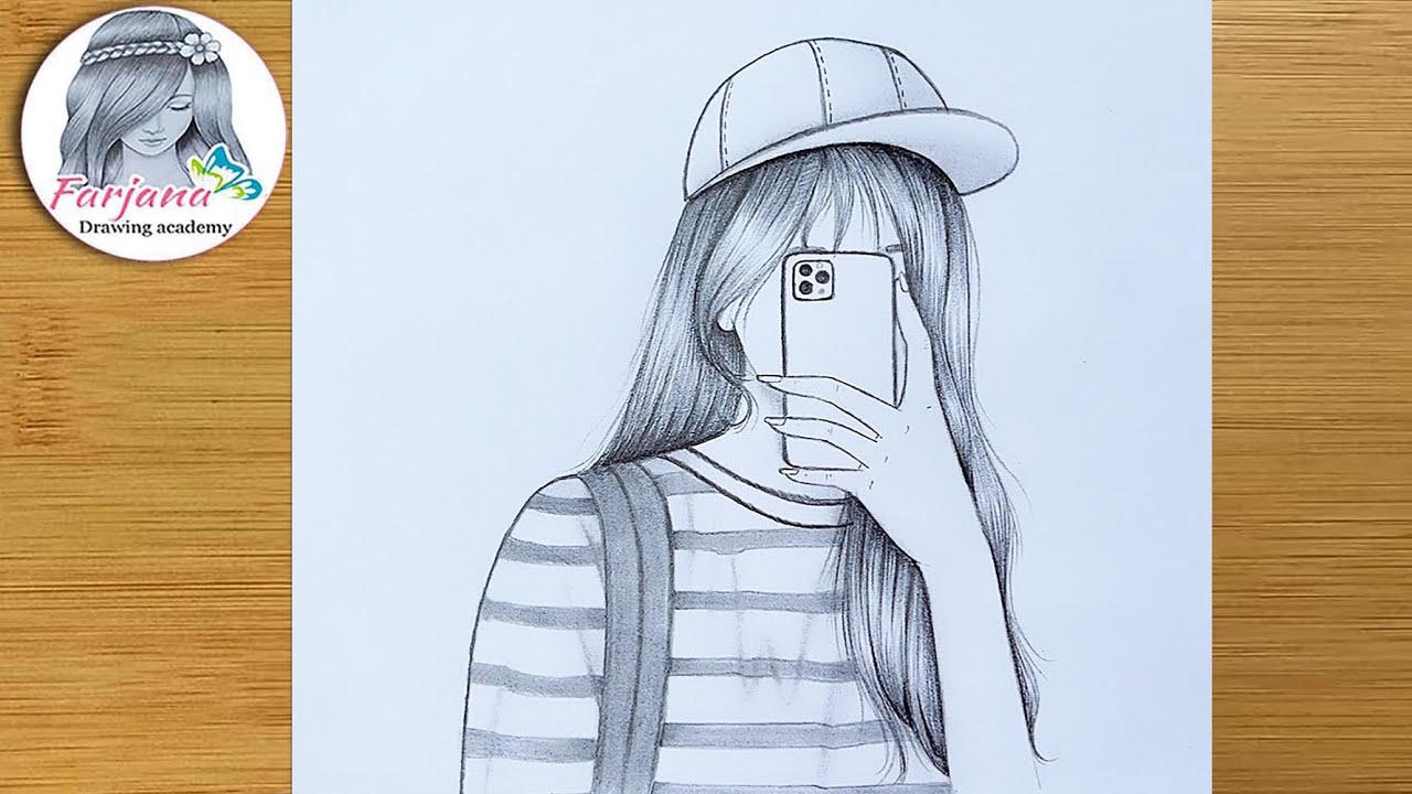 A girl taking a selfie - Pencil sketch for beginners || How to draw a girl || bir kız nasıl çizilir