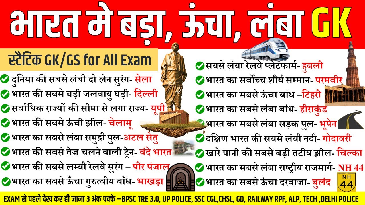 भारत मे सबसे ऊँचा,लंबा और बड़ा l Largest highest and smallest in India l Static Gk for SSC CGL,CHSL,