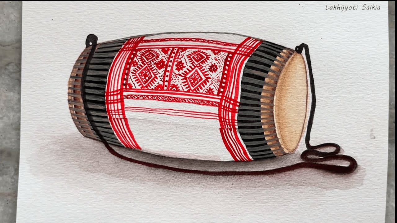 Bihu Dhol Painting - step by step | Assamese Dhol Watercolor Drawing