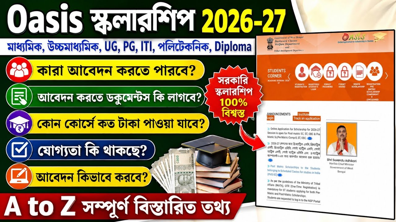 Oasis Scholarship 2026-27 | Oasis scholarship 2026 online apply | sc st obc scholarship 2026-27