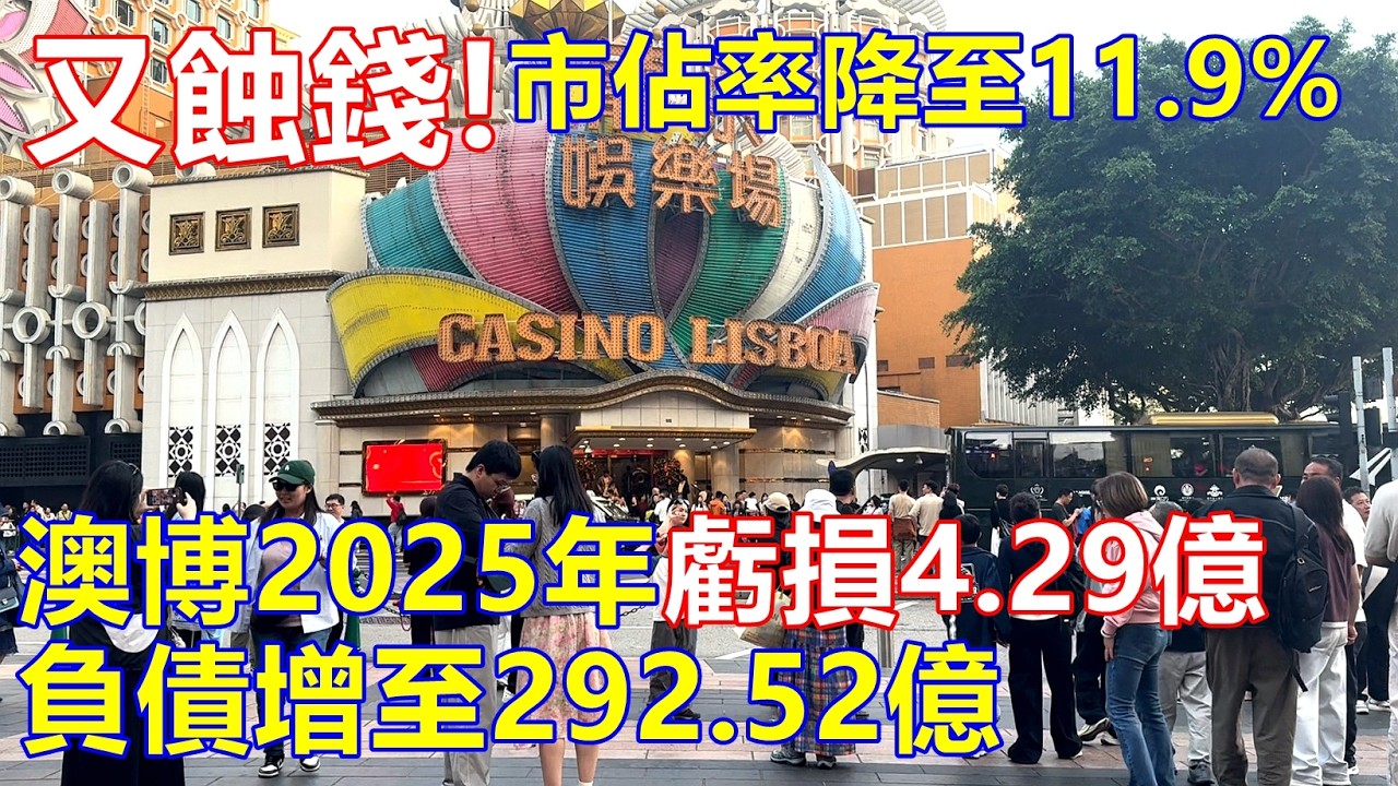 又蝕錢 ! 澳博2025年虧損4.29億 負債增至292.52億 ! 市佔率降至11.9%