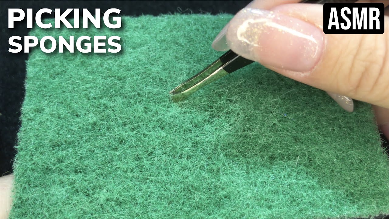 Picking different 20 sponges and scours with tweezers + ripping scour off ASMR