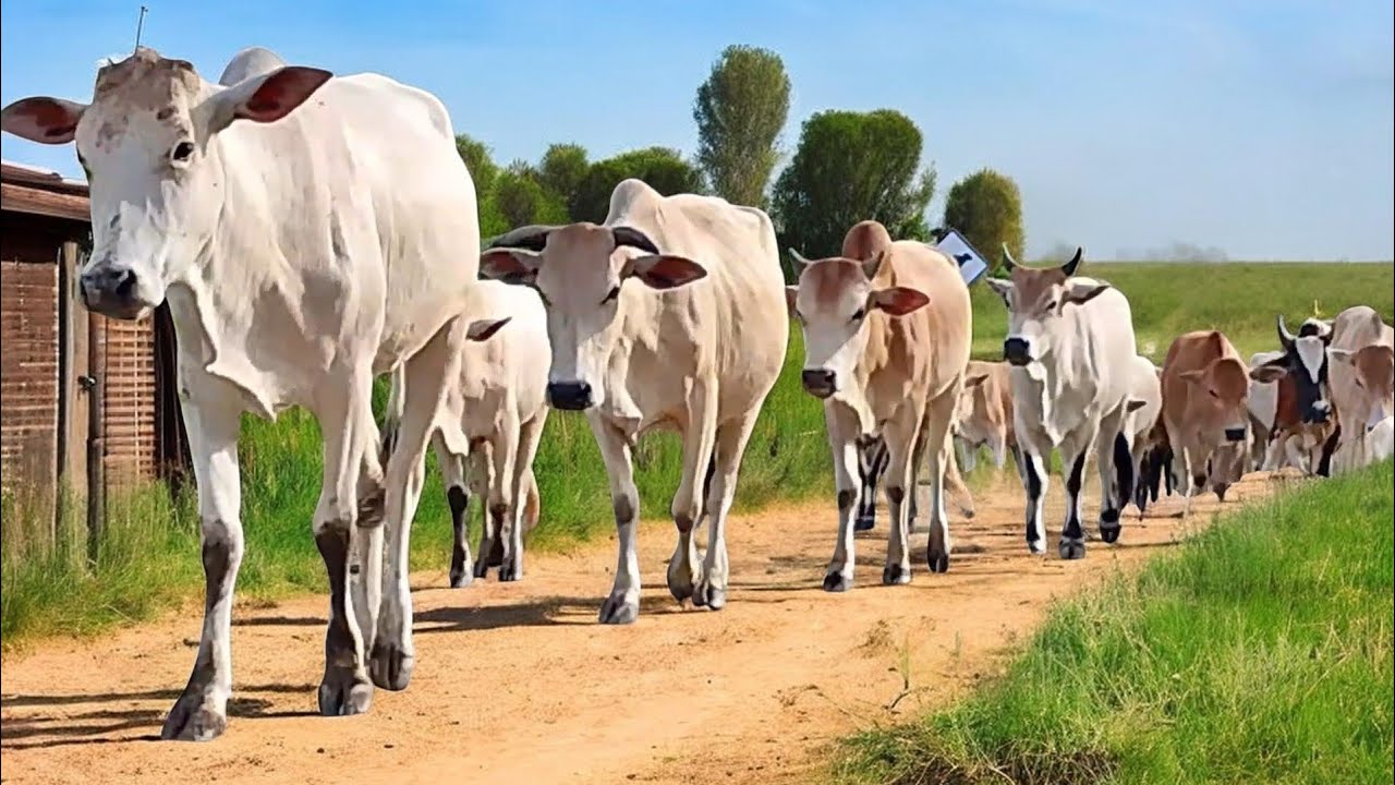 Vidio aktivitas kawanan sapi saat pagi hari di jalan pedesaan 