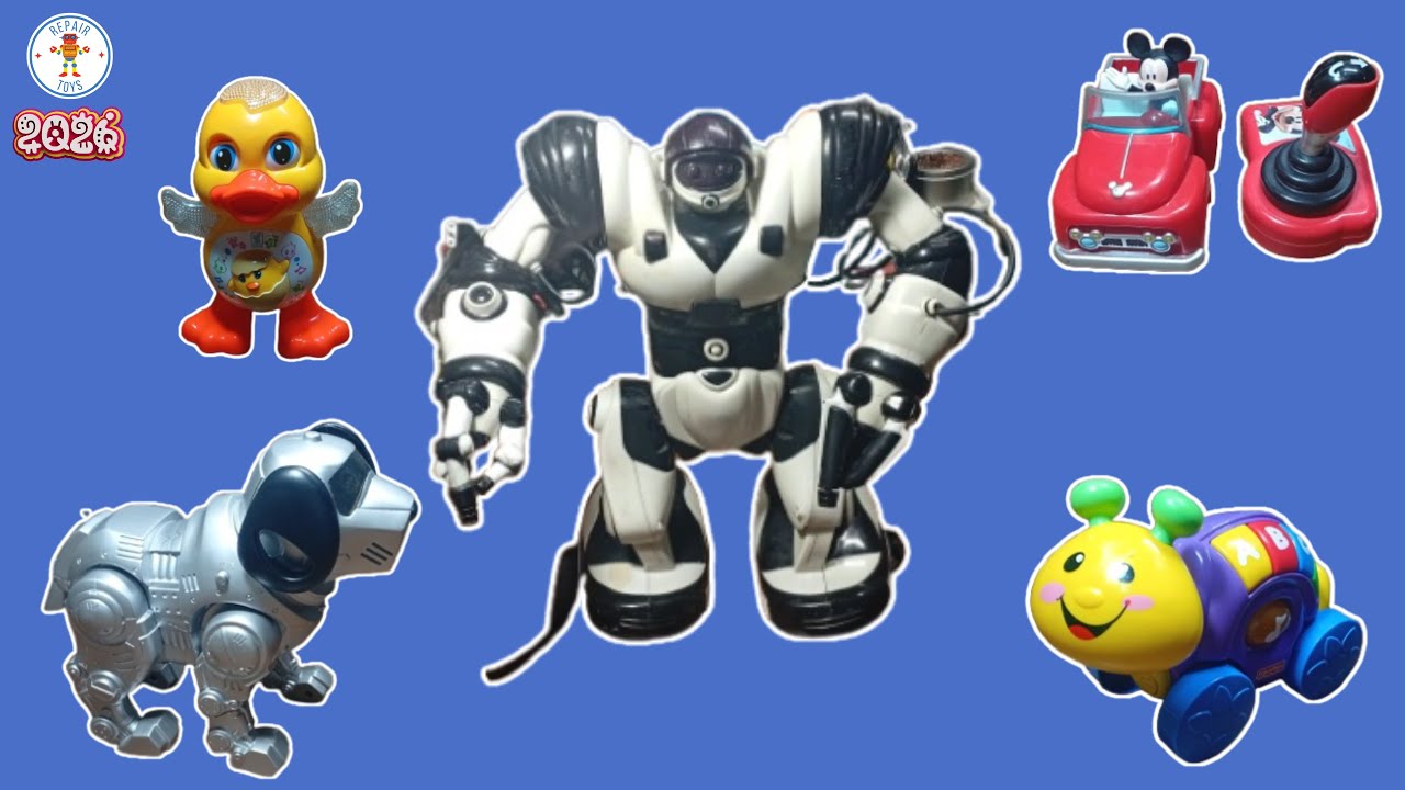 Repairing five toys: Robot dog, duck, Mickey Mouse car, snail, WowWee Robosapien X