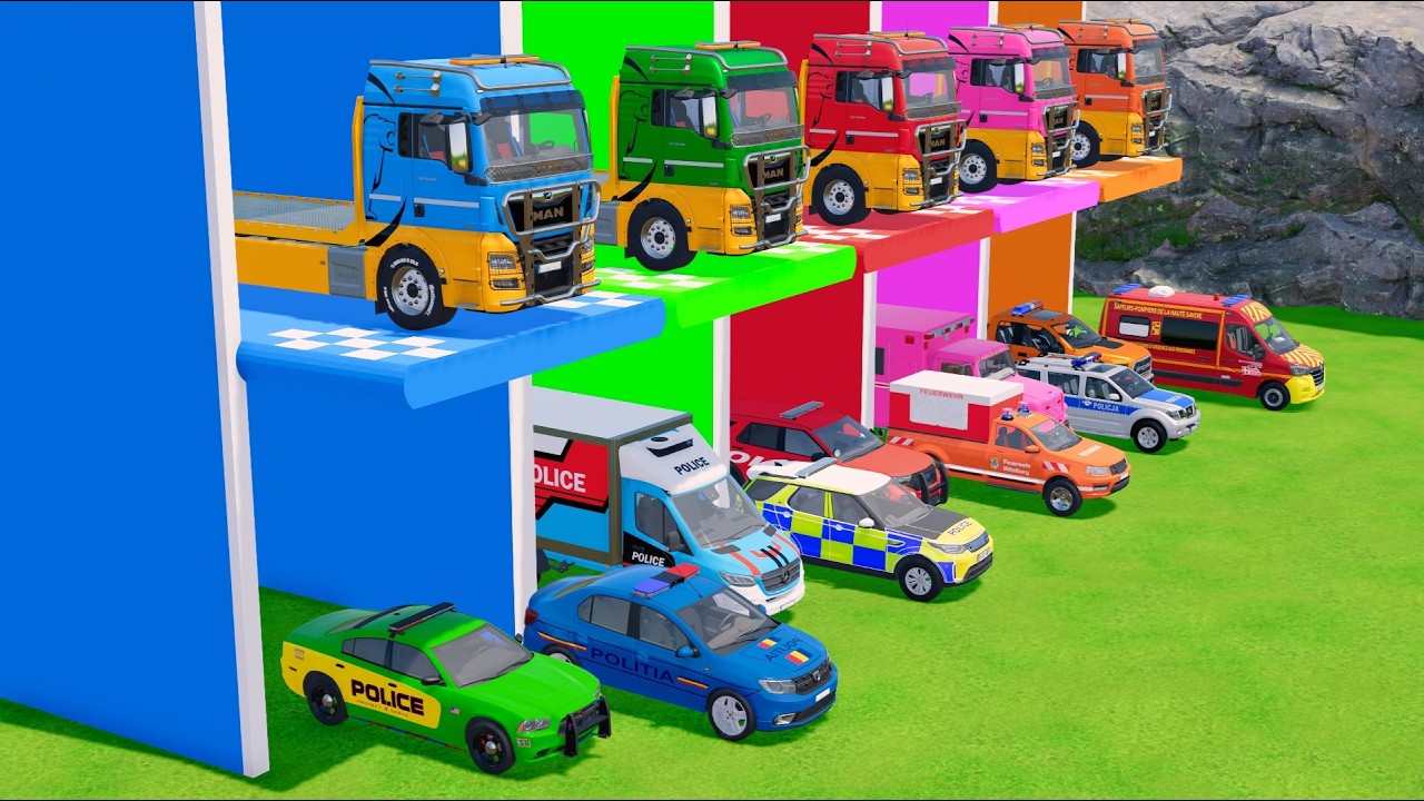 TRANSPORTING ALL POLICE CARS and AMBULANCE EMERGENCY VEHICLES WITH MERCEDES POLICE TRUCKS ! FS22