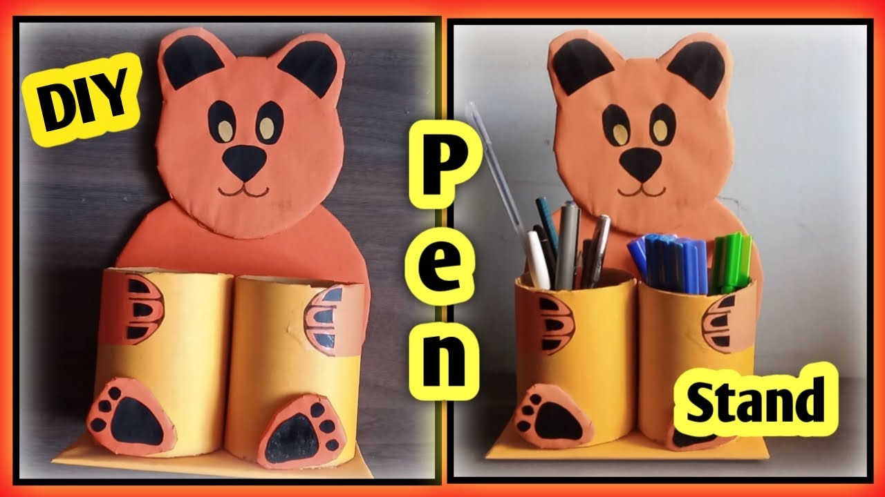 DIY cardboard pen stand idea /cardboard craft /paper art and craft /teddy bear pen stand idea ।