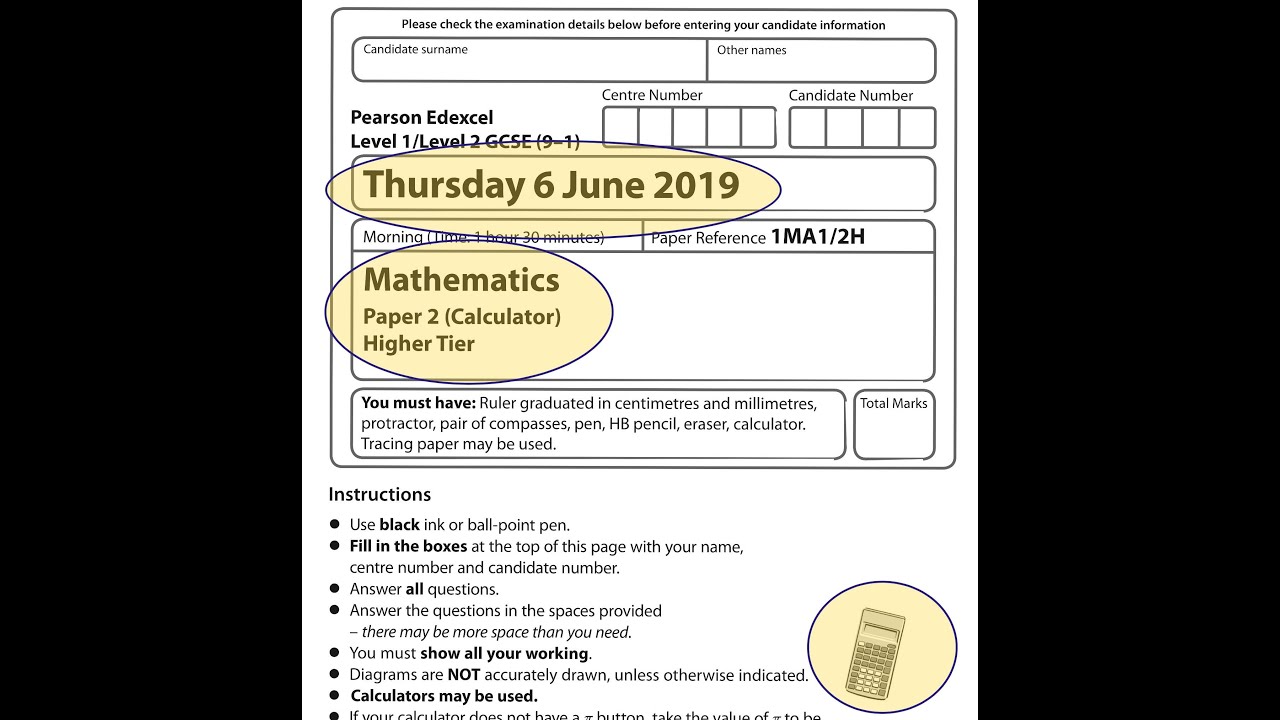 EDEXCEL GCSE Maths. June 2019. Paper 2. Higher. Calculator. 2H.