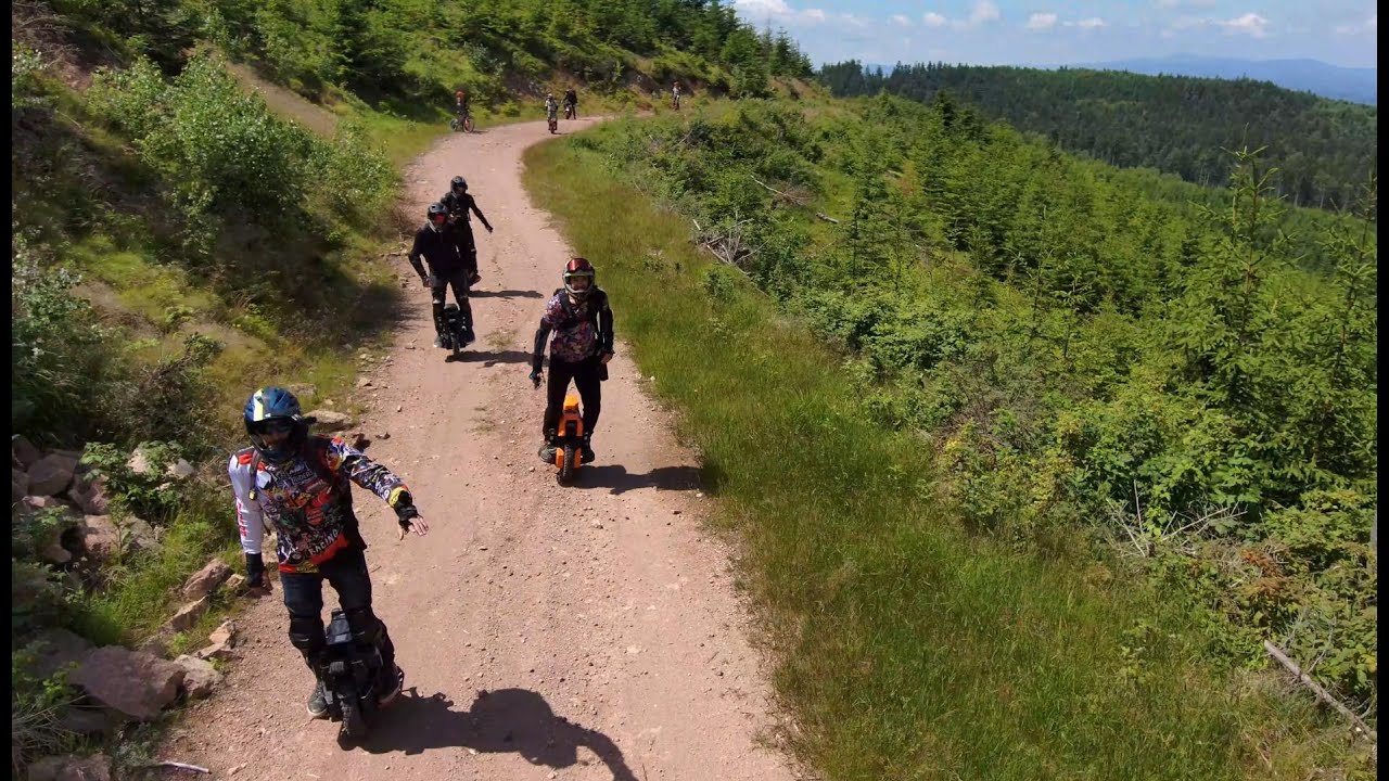 Electric Unicycles followed by a drone (SkyDio 2+)
