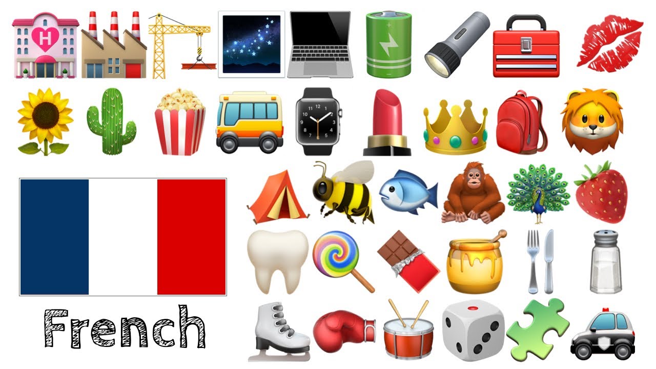 Выучите 400 слов - Французский  + Emoji -  🌻🌵🍿🚌⌚️💄👑🎒🦁🌹🥕⚽🧸🎁