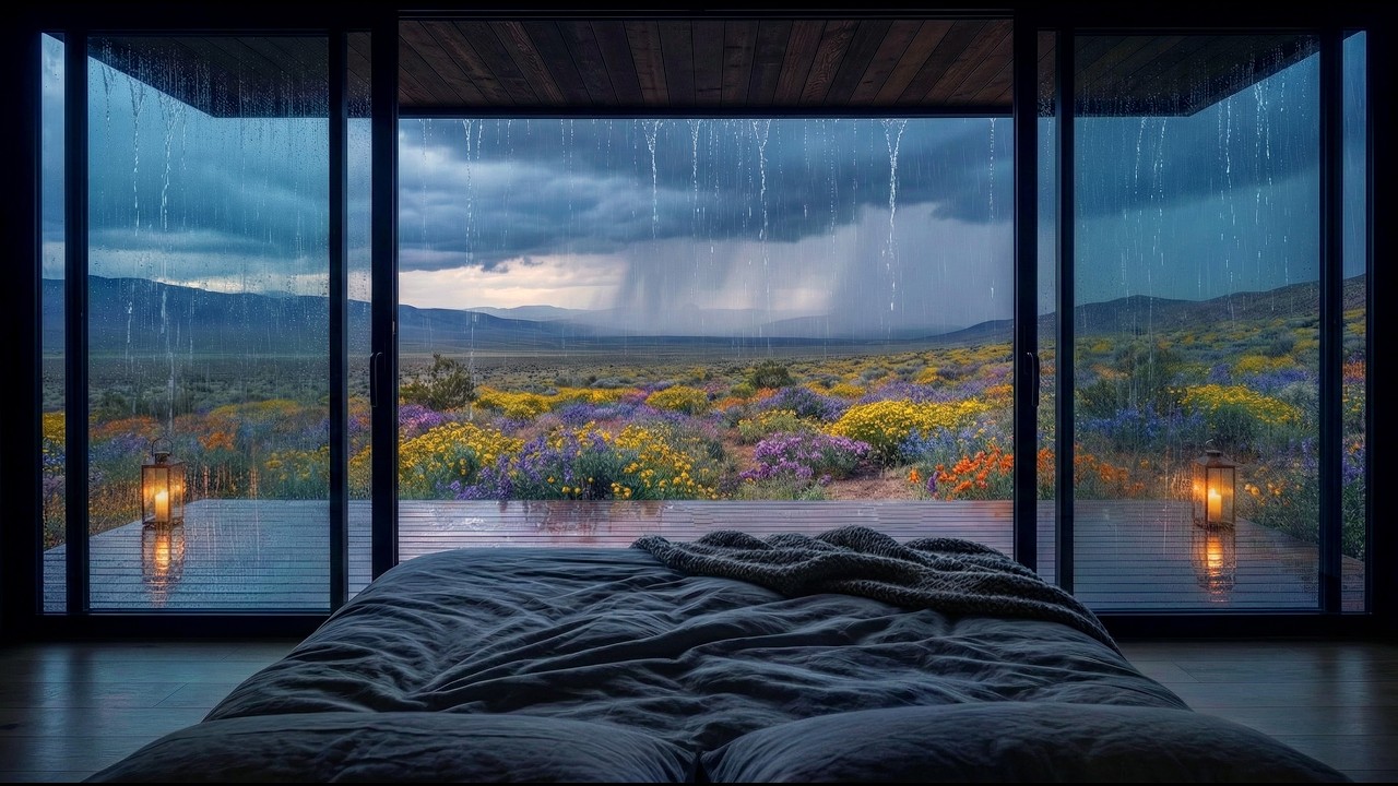 Rain in Death Valley Super Bloom 🌧️ Desert Rain Ambience with Thunder | Relaxing Nature Sounds 4K