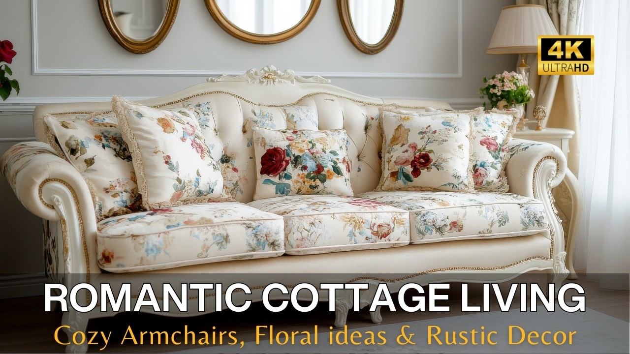 Romantic Shabby Chic Cottage Living with Upholstered Armchairs, Floral Ottomans & Rustic Decor Ideas