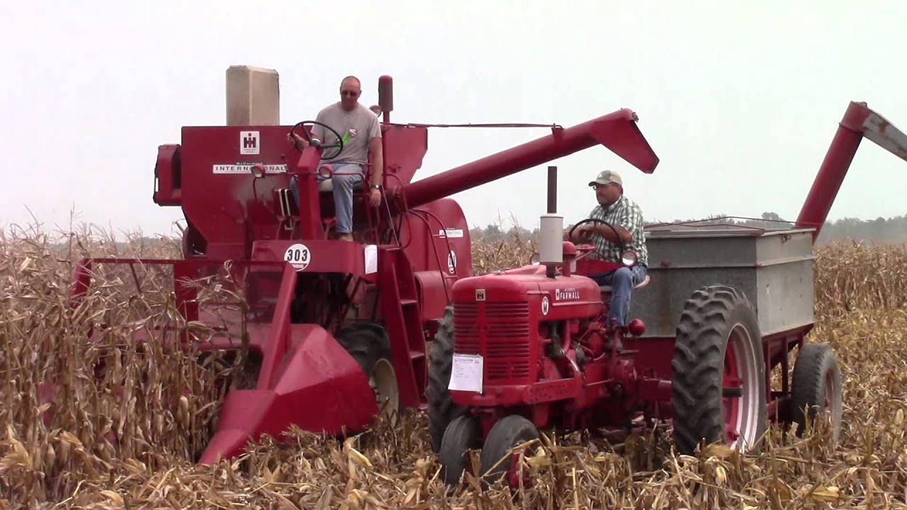 International 303  Combine Unloading on the Go with a Farmall Super M