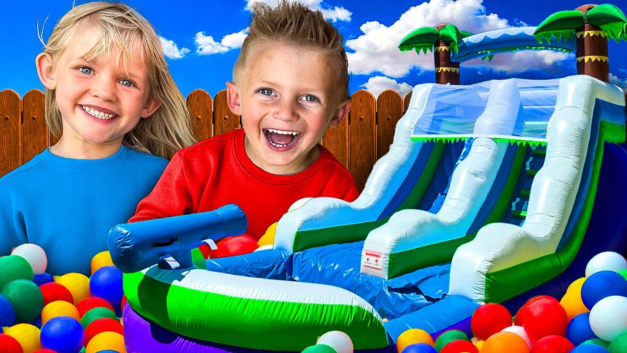 YouTube Family Backyard Bounce House Obstacle Course for Kids! 🏰💨 Educational Video! Colors & Racing