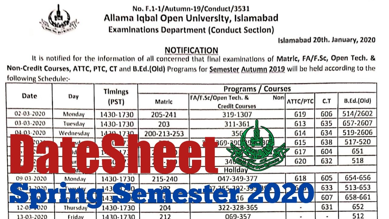 AIOU Date Sheet 2020 for Matric FA FSC BA PTC Courses
