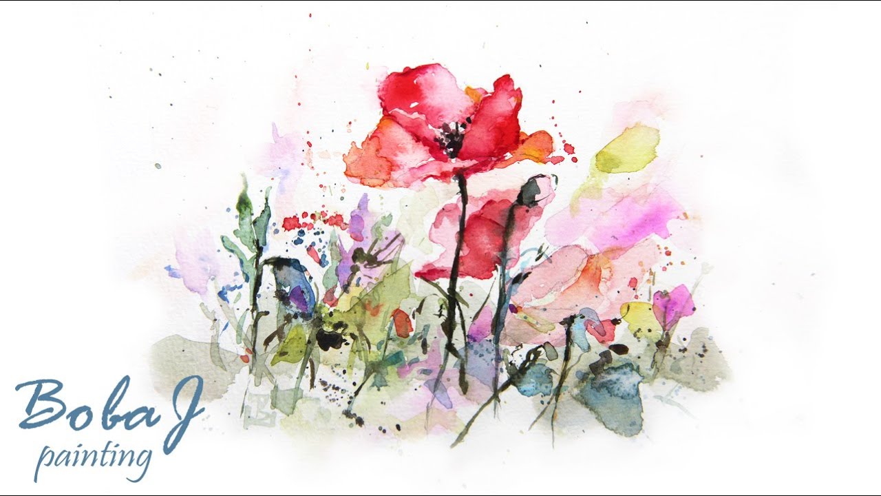 Red poppy flowers / Wild flowers / loose watercolor by BobaJ Painting