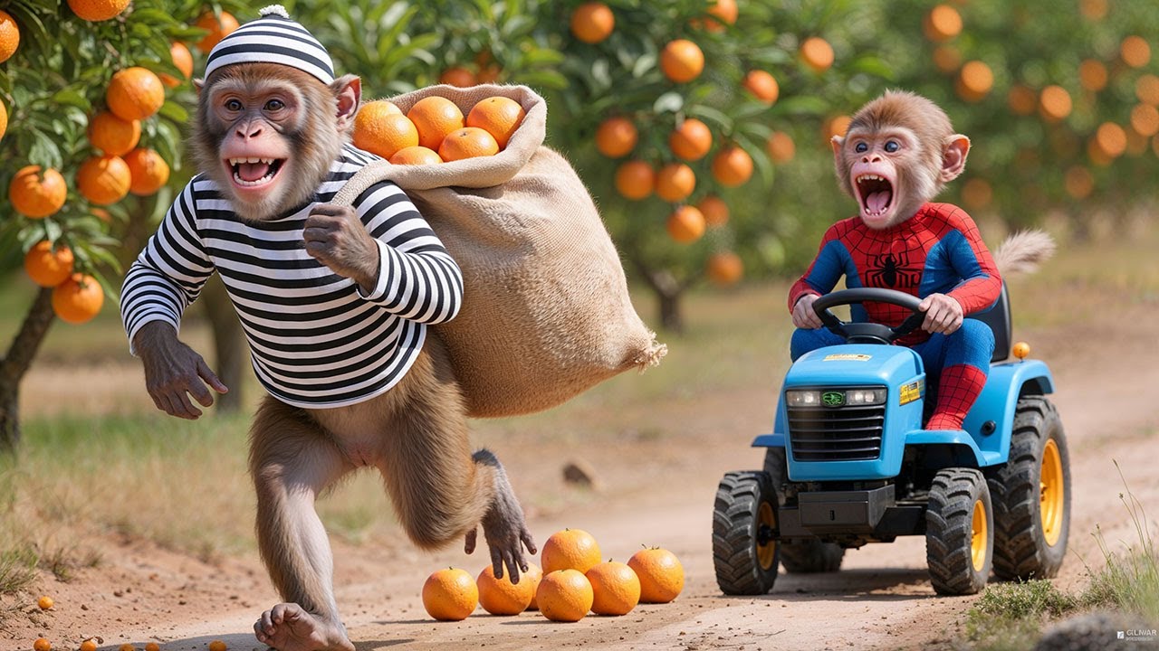 Monkey Min Drives Tractor to Harvest Orange and Catch a Sneaky Thief on the Farm! 🐒🥭