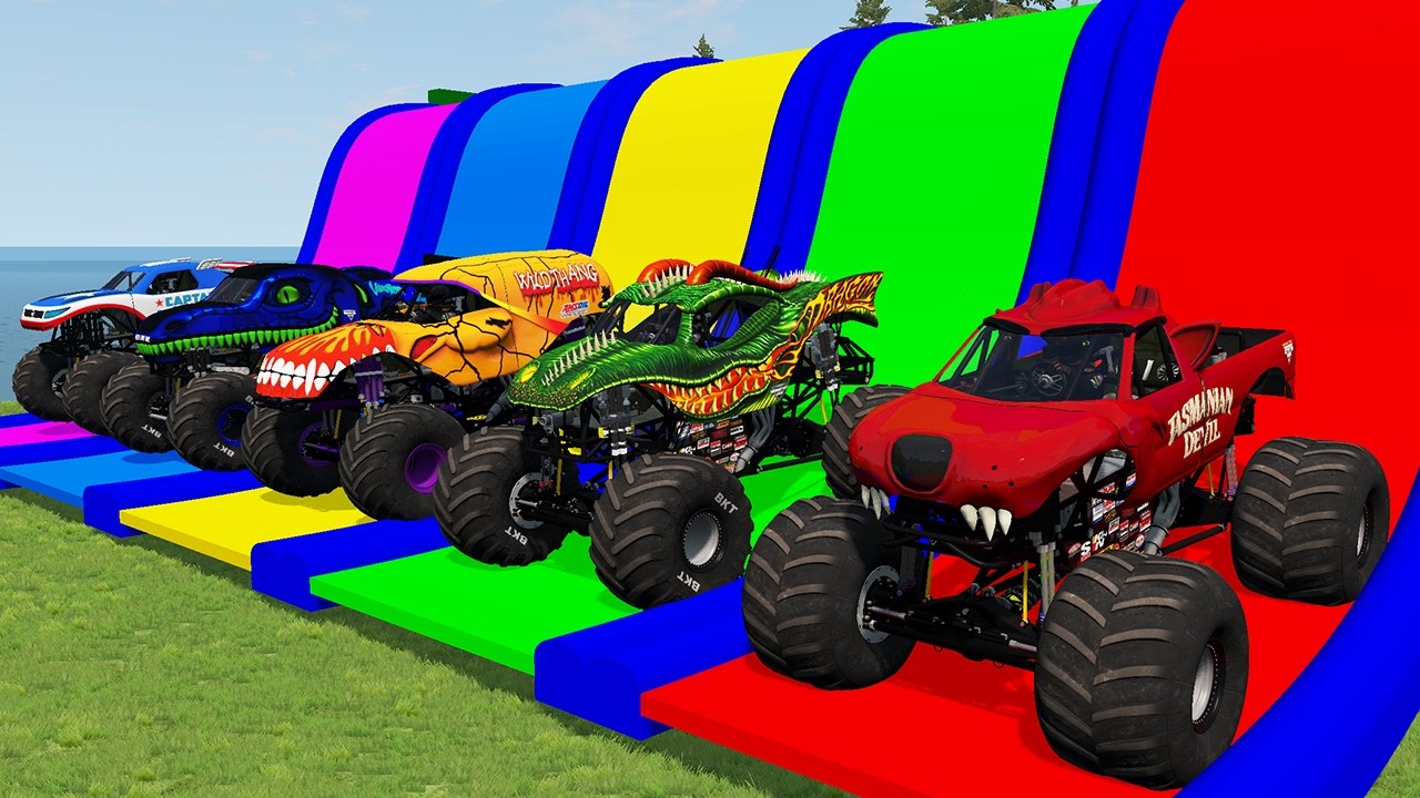 5 MONSTER TRUCKS vs GIANT COLOR WATER SLIDE #028 in BeamNG.Drive