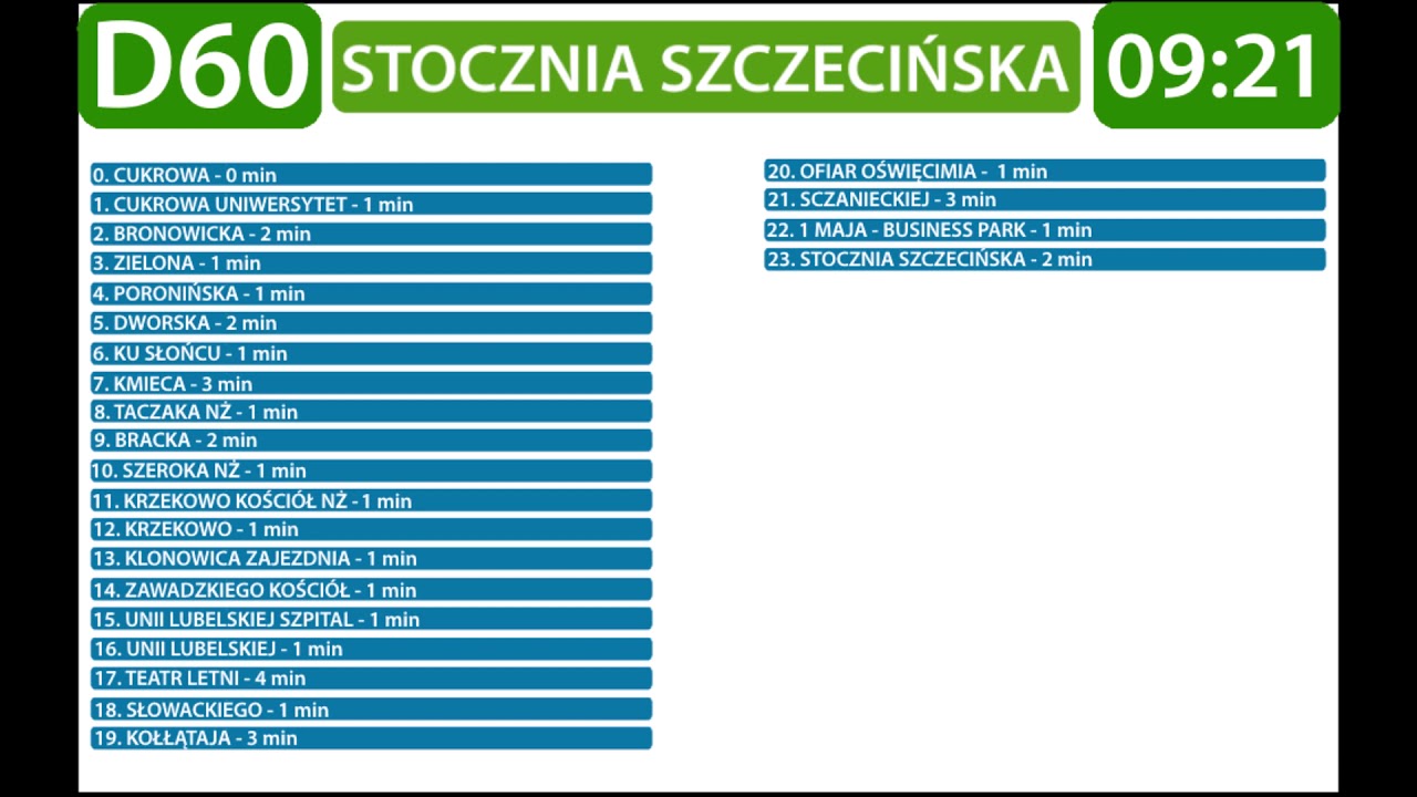 Zapowiedzi przystanków Linii D60 Cukrowa - Stocznia Szczecińska p. Dworską