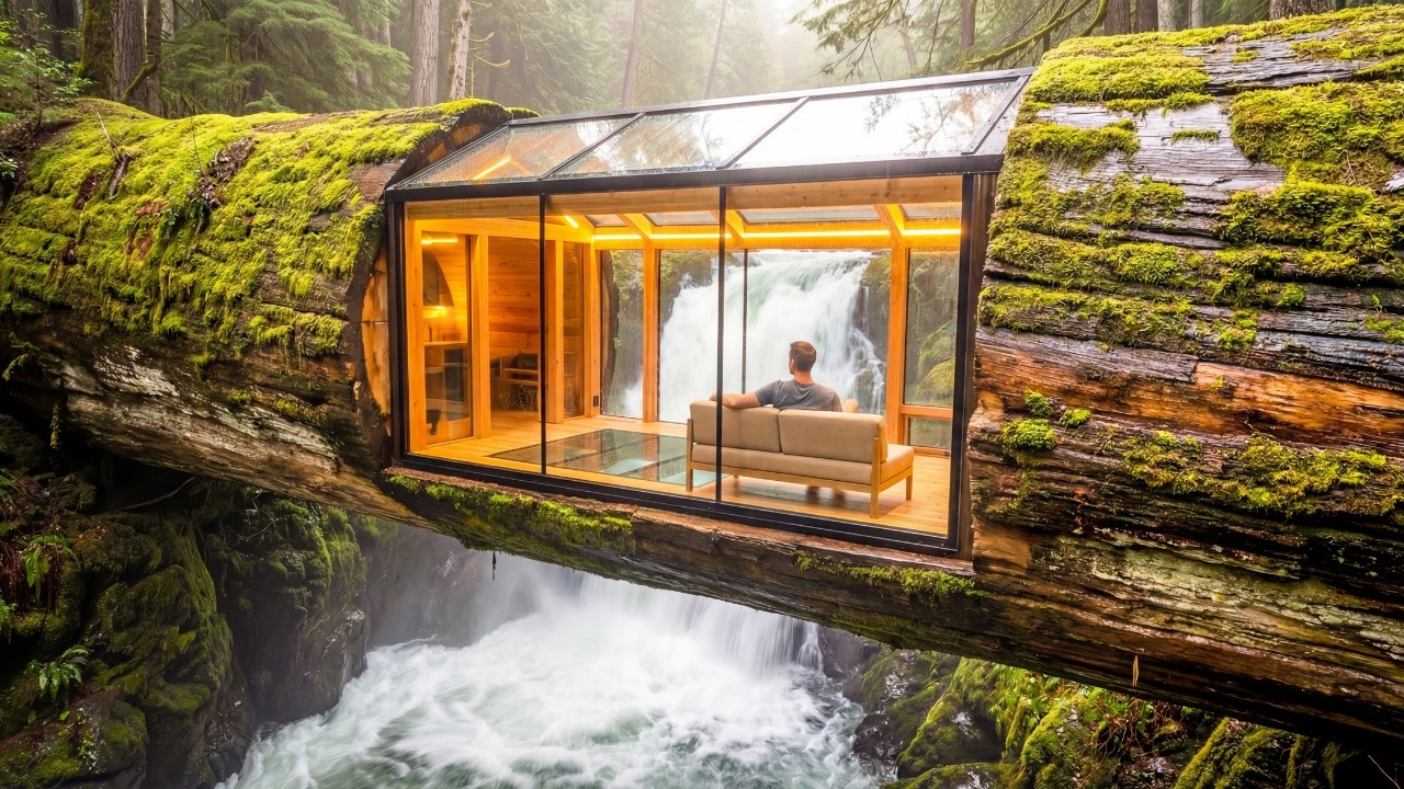 Building a Secret Room Inside a Tree Trunk Over a Waterfall to Survive Heavy Storms (ASMR)
