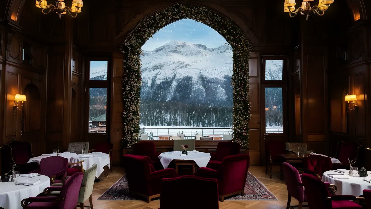 Luxury Mountain Restaurant with Snow View - Elegant Ambience for Relaxation & Focus