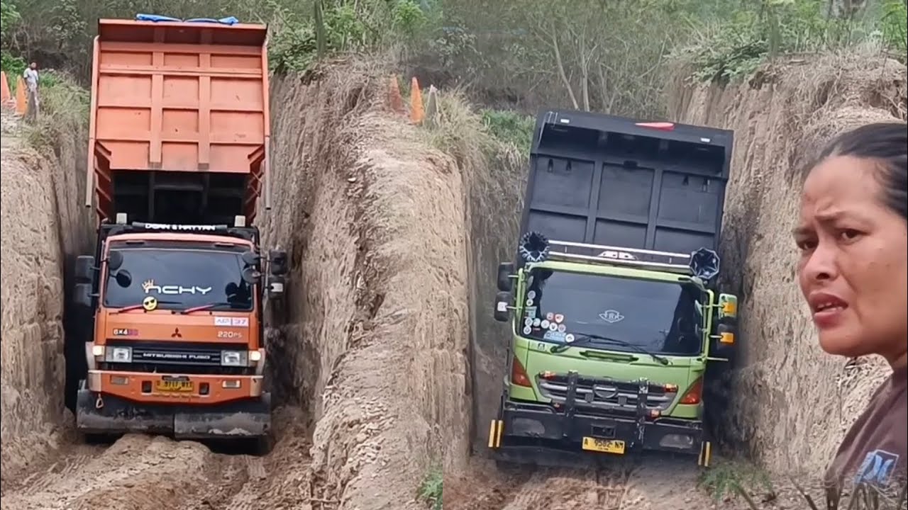 SKILNYA PARA DRIVER KELAS DEWA dump truck Hino 500 Fuso 220ps lewati tanjakan sempit !!