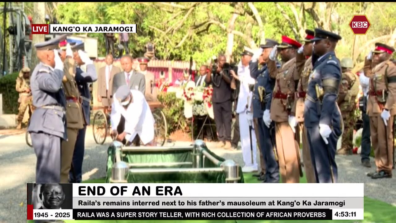 Raila's casket lowered into the grave at Kang'o Ka Jaramogi