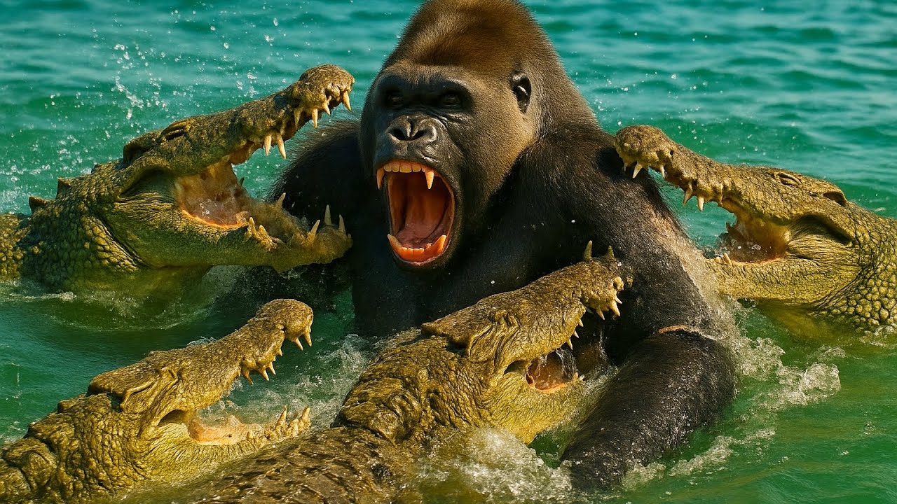 Giant Gorilla Attacks Crocodile in the Middle of the River - Wild Animal Fight