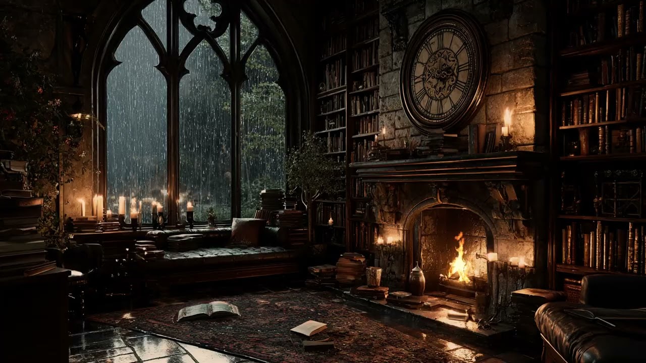 Gothic Rainy Library Ambience 📚 Fireplace, Thunder & Rain Sounds for Study, Sleep & Relaxation