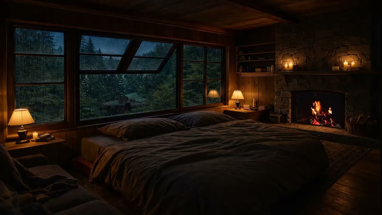 Rain on Window & Fireplace in Cozy Cabin Bedroom for Deep Sleep | Thunderstorm Night