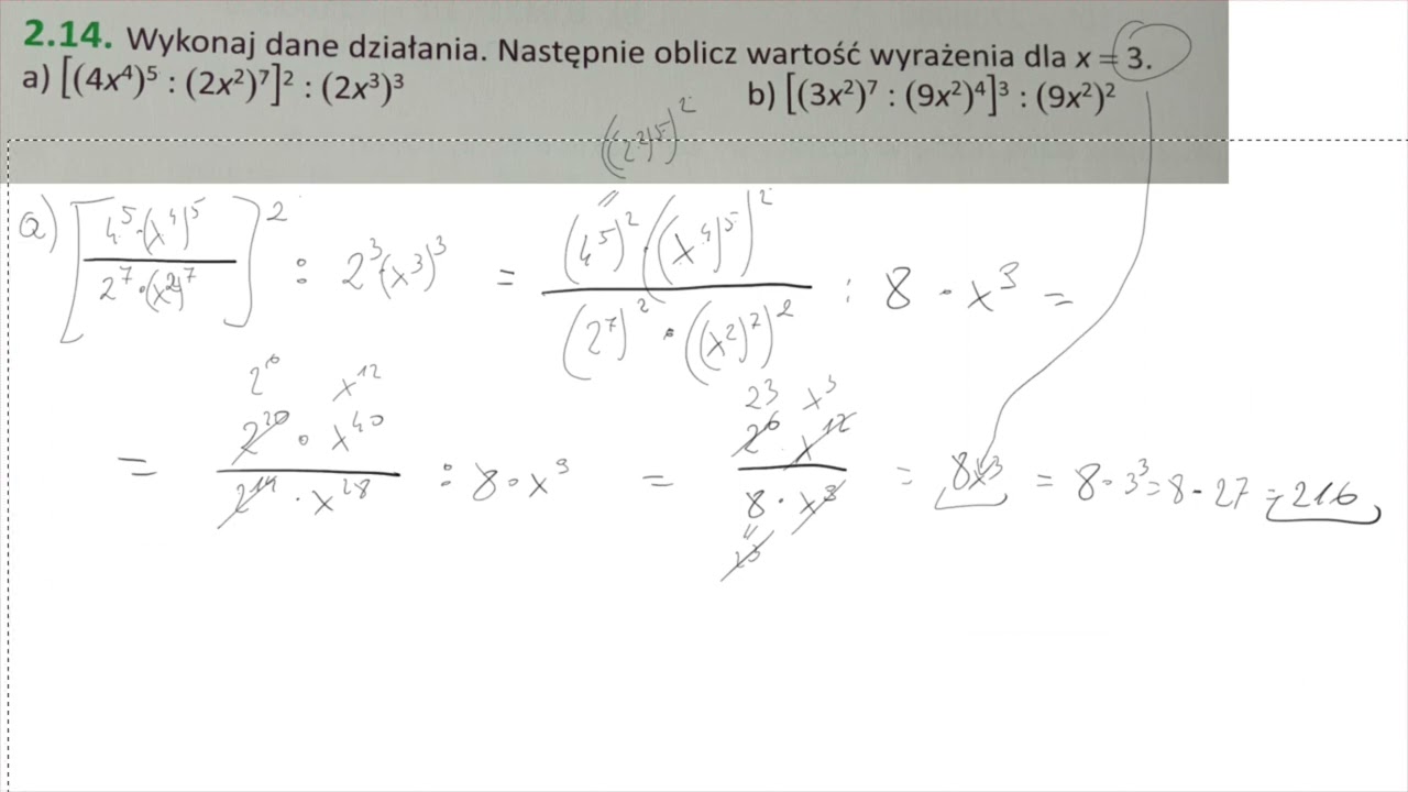 2 14 Wykonaj dane działania  Następnie oblicz wartość wyrażenia dla x = 3