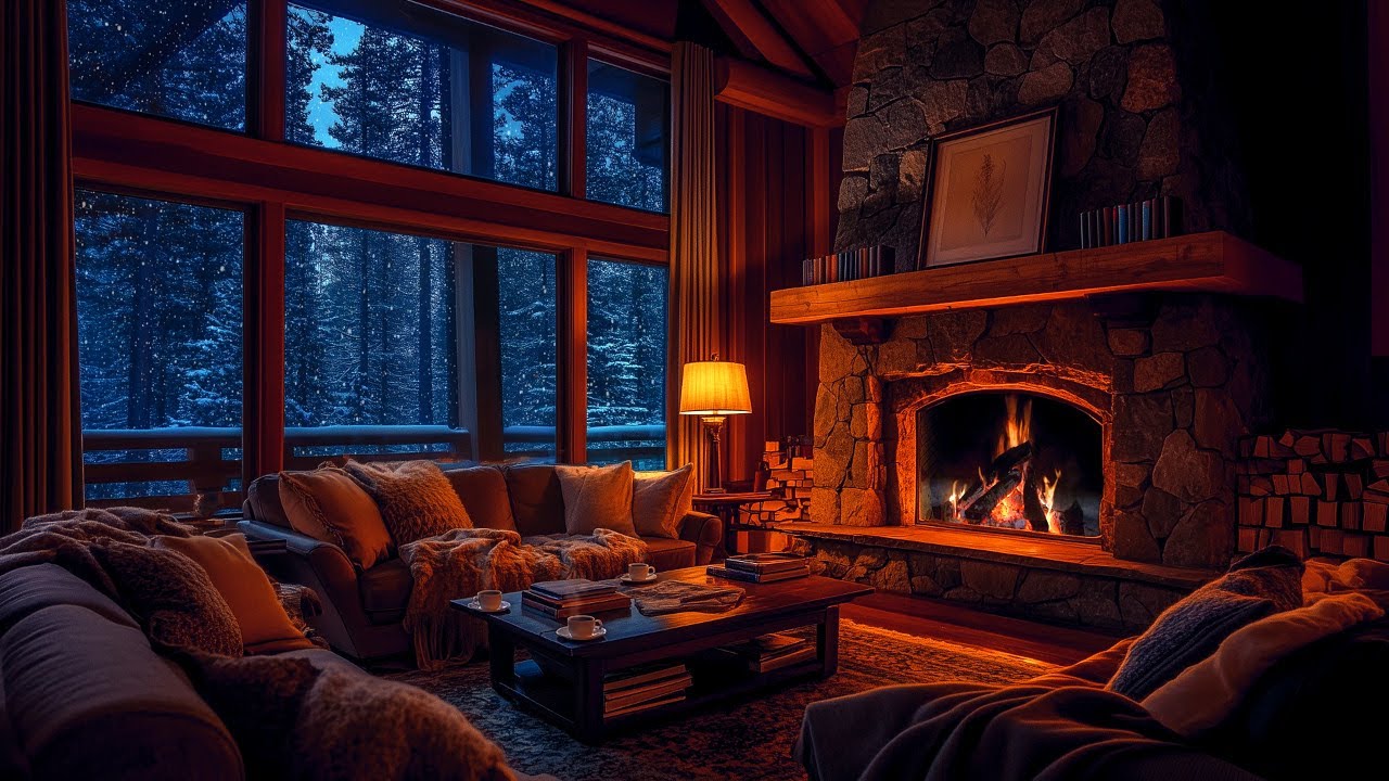 ❄️Snowy Cabin Fireplace🔥 Crackling Fire Sounds For Sleep, Relax & Study