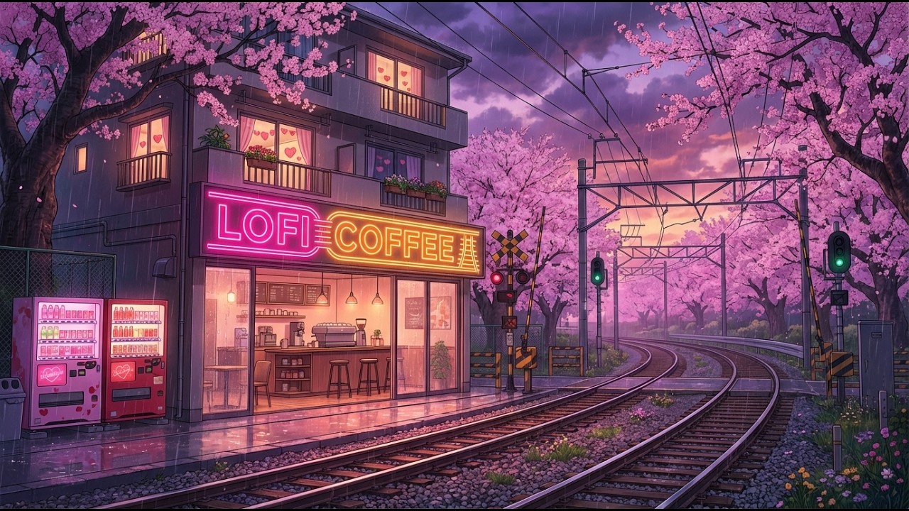 Rainy Valentine Twilight 🌧️ Focused Lofi Study Session 📚 Neon Sakura Rail Curve Coffee ☕
