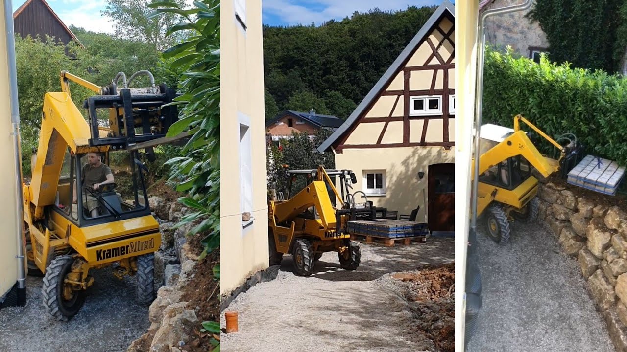 Ultra enge Baustelle am Danhof, Kramer Allrad Unicat 314  Palettengabel mit Seitenschieber