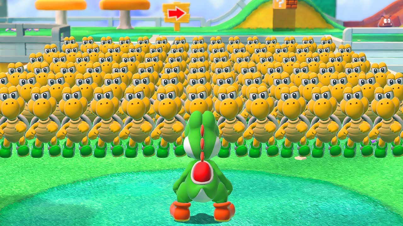 Can Yoshi defeat 999 Koopas in Super Mario 3D World?