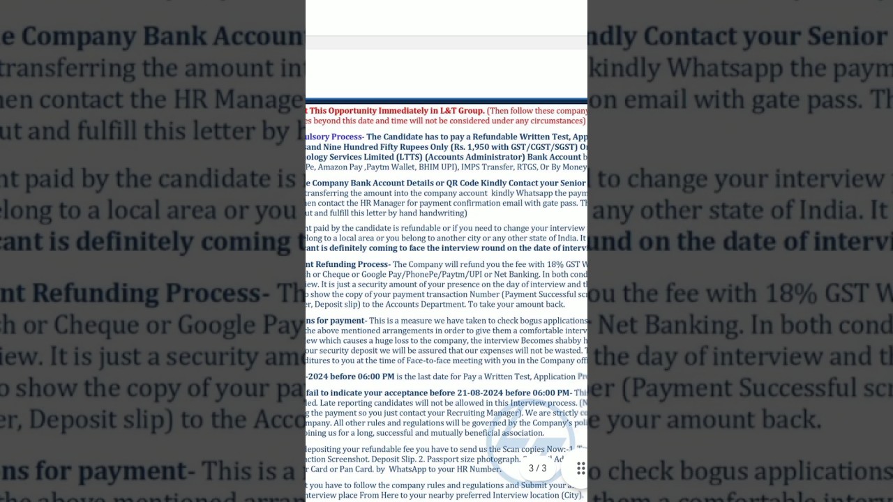 Spam alert fake interview letter | L&T technology not asking money 💰 #spamassage #fake