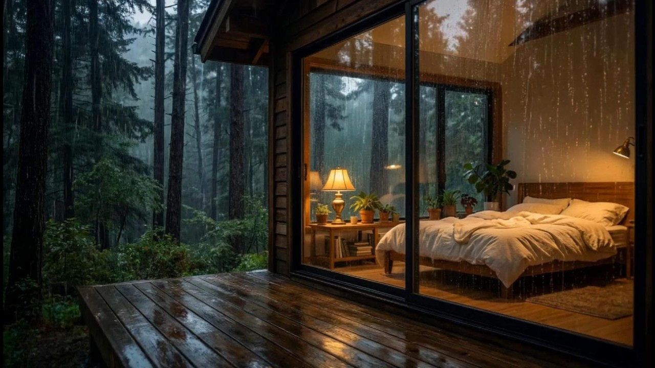 🌧️ Дождь лесной каюты звучит 10 часов хорошего сна для ASMR за стеклянным окном