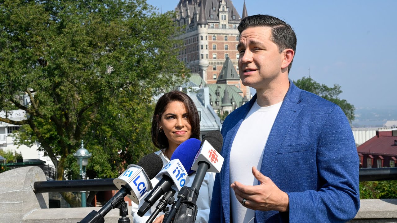 CPC Leader Pierre Poilievre speaks to reporter in Quebec City